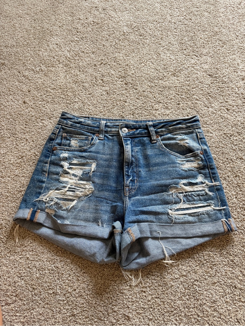 American Eagle Outfitters Distressed Rolled-Hem Jean Shorts - Blue